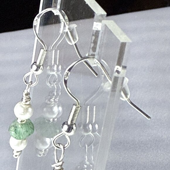 Reimagined Sterling Silver Aventurine Pearl Dangle Earrings - Picture 4 of 6